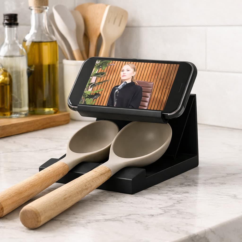 Suporte de Celular para Cozinha com Porta Colher | Organizador de Bancada Moderno