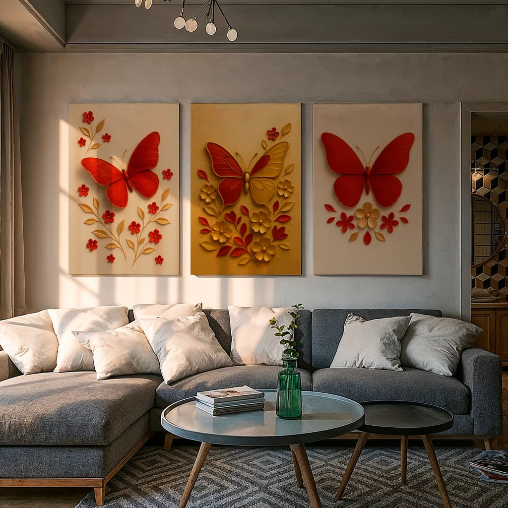 Kit 3 Quadros Decorativos Borboletas Douradas e Vermelhas  Luxo Floral Moderno Sala Quarto