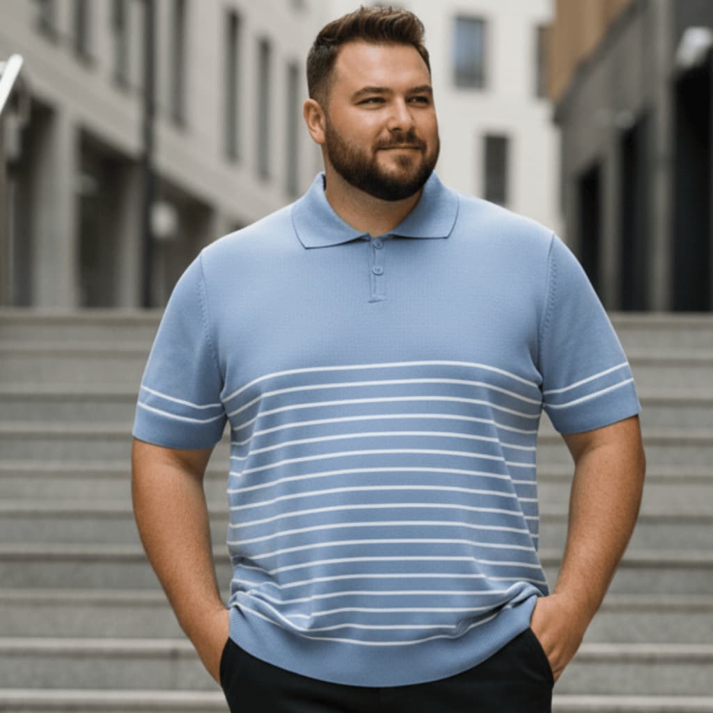 Camisa Gola Polo Masculina Plus Size Tricot Premium Confortável Premium Listrada Elegante Botão