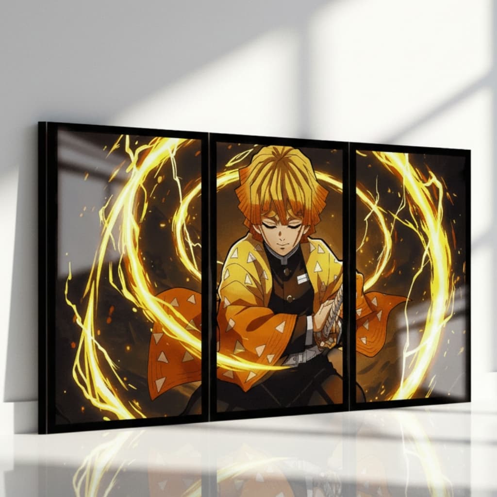 Kit 3 Quadros Parede Decorativo Demon Slayer Zenitsu Agatsuma Quarto Sala Luxo