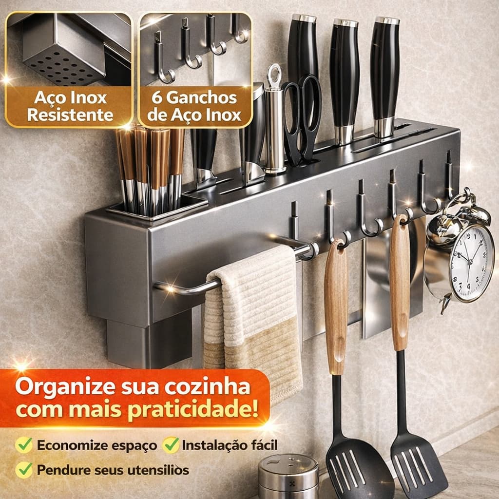 Suporte Organizador de Cozinha com 6 Ganchos – Prático, Funcional e Design Moderno na Cor Cinza