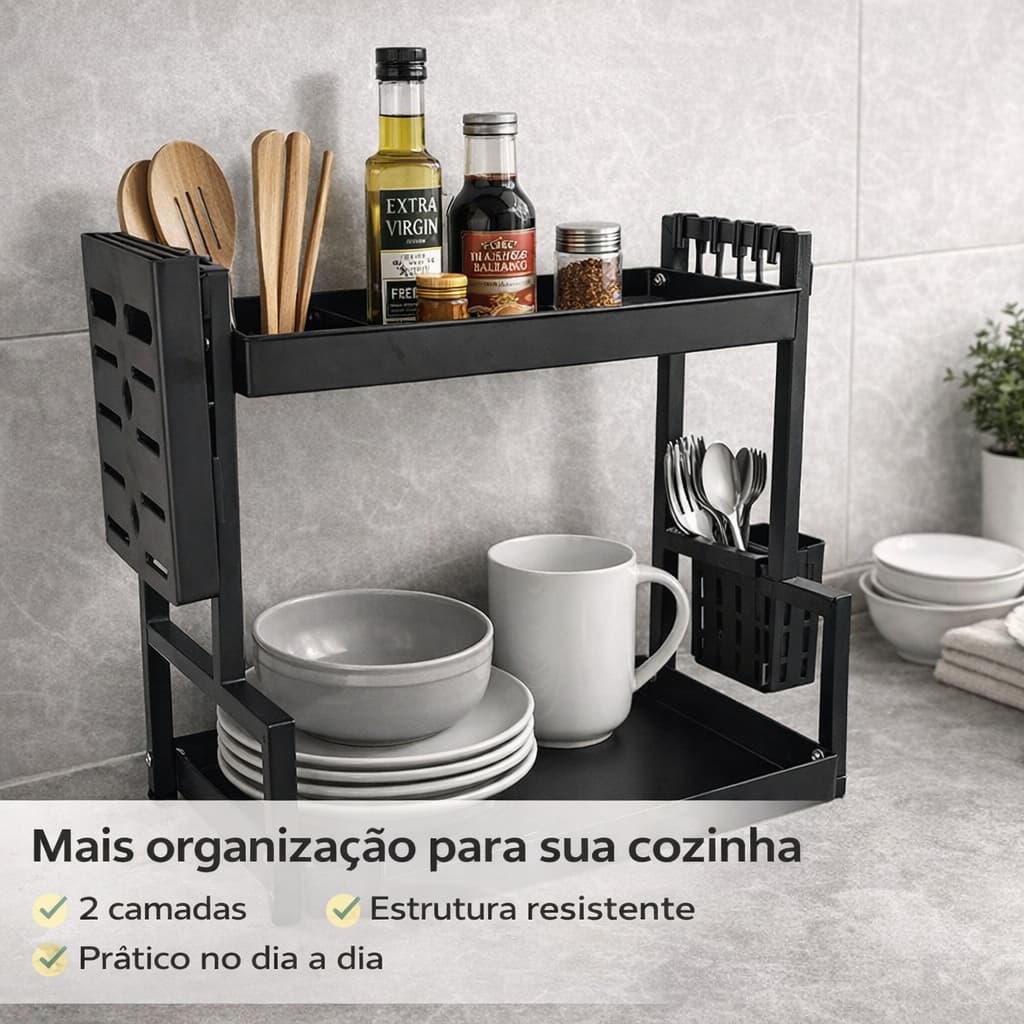 Organizador Metálico Multiuso 2 Andares – Compacto, Resistente e Design Moderno Preto