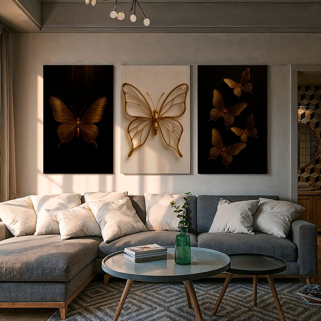 Kit 3 Peças Quadros Decorativos Borboletas e Flores em Tons Rosé e Dourado
