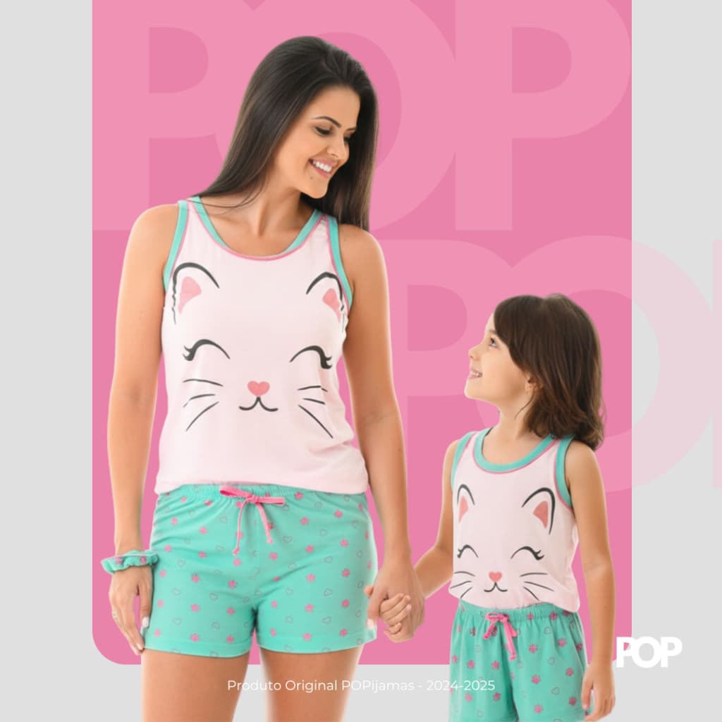 Kit 2 Pijamas Feminino Baby Doll para Mãe e Filha Short Doll Regata Verão Conforto Gatinha POP