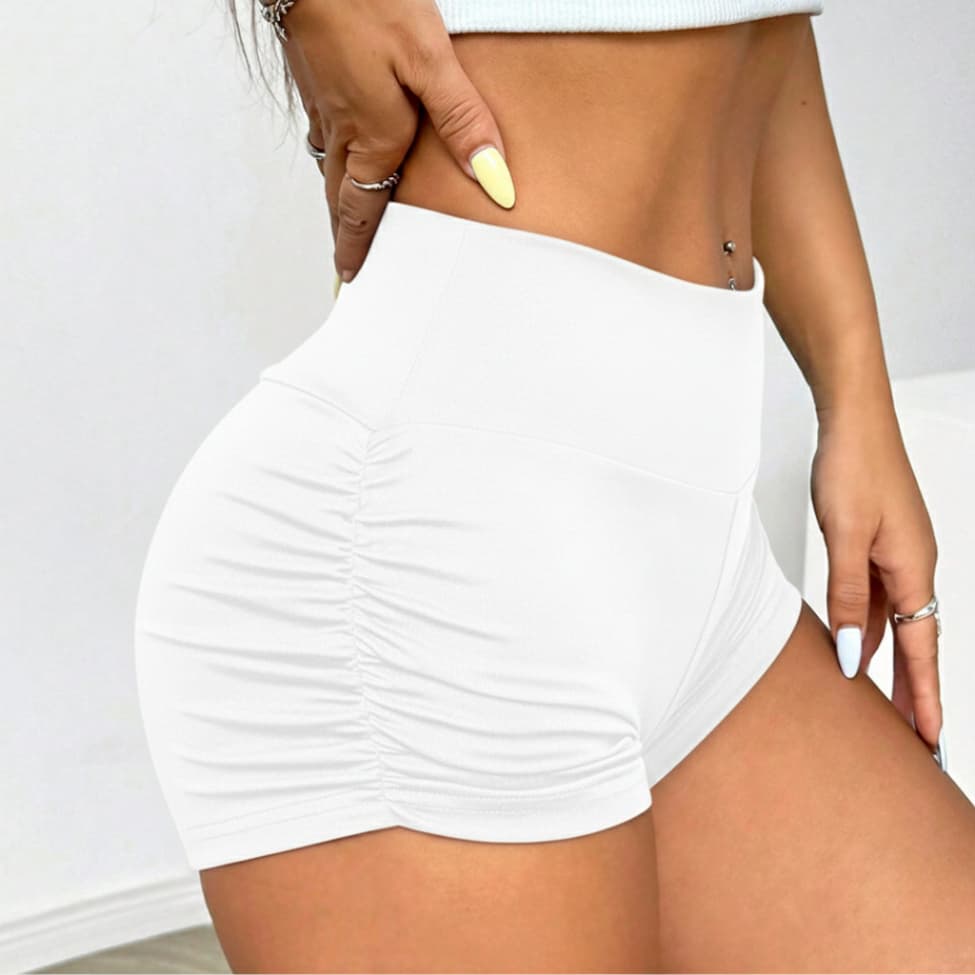 Short Casual Franzido na Lateral Cintura Alta Encorpado Marcando Silhueta Treino