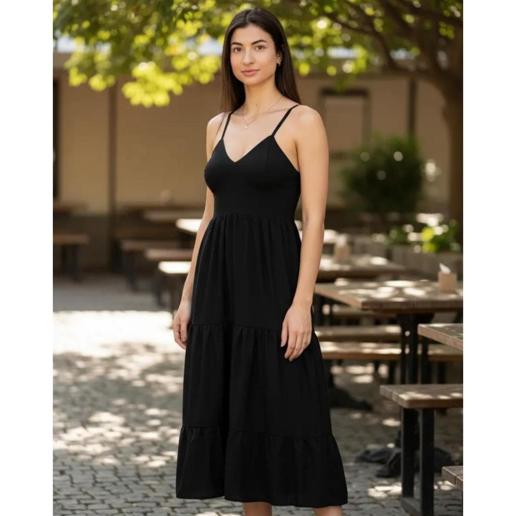 Vestido Midi De Alça Com Lastex Camadas Forrado Verão Leve