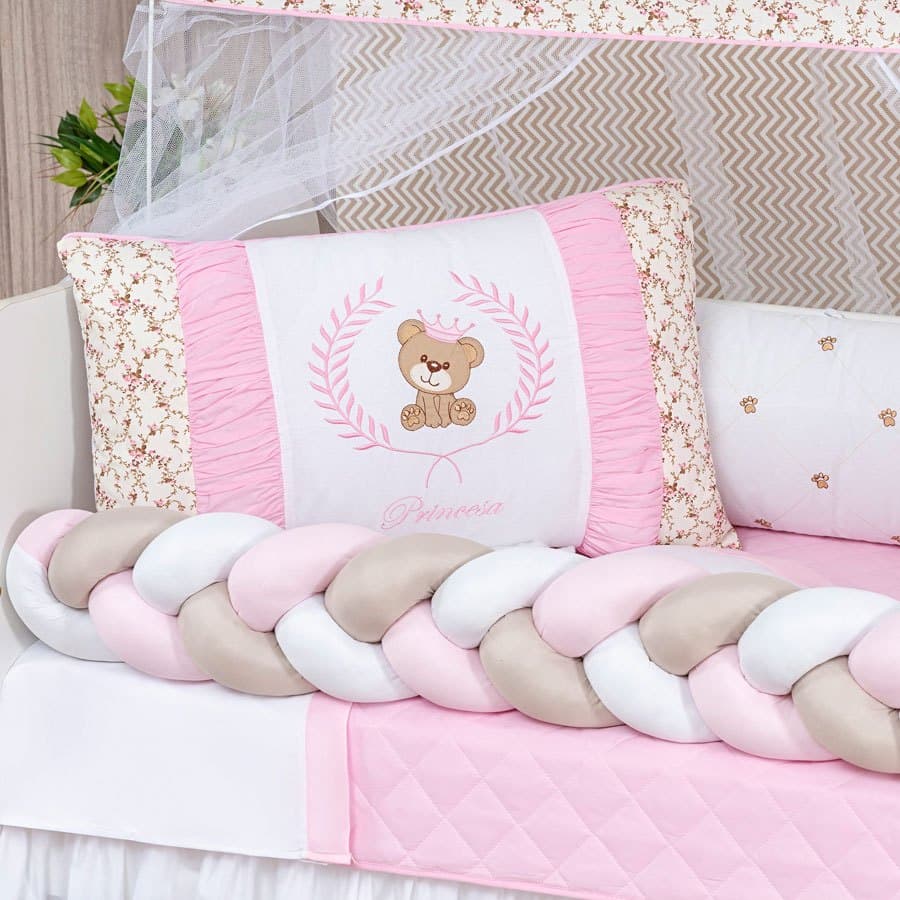 Kit Berço Teddy Trança 11 Pcs Bebê Chevron Protetor Mosquiteiro Menino Menina
