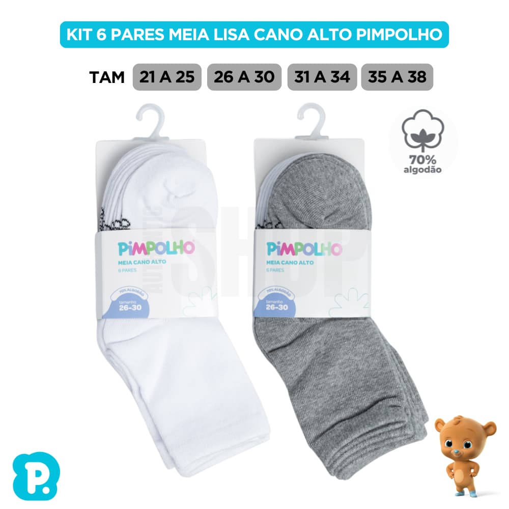 Kit Meia Lisa Infantil Cano Alto 6 Pares Pimpolho Algodão Branca Mescla Neutra Promo 21-25 a 35-38