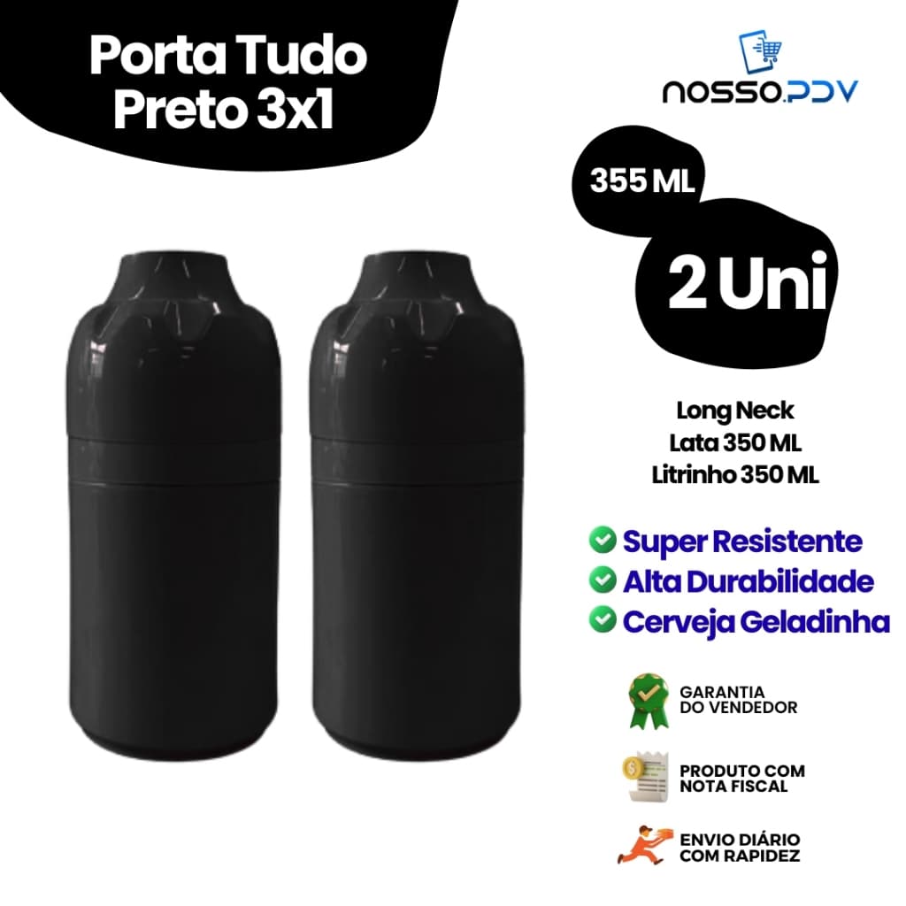 Kit 2 Porta Tudo 3x1 Para Cerveja Long Neck Litrinho Lata 355 ML Cor Preto Parede Dupla Alta Qualidade
