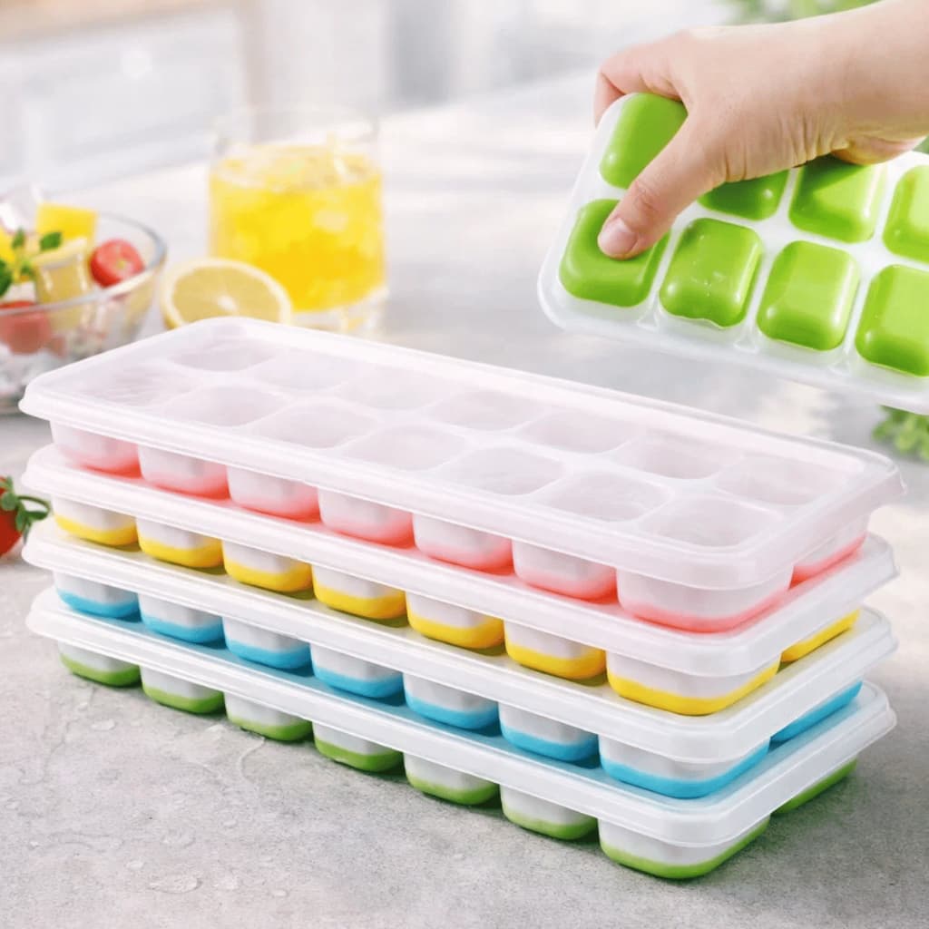 Kit até 10 Forma De Gelo Com Tampa Flexível Fundo 14 Cubos Retangular Multiuso Lavável Silicone Forminha