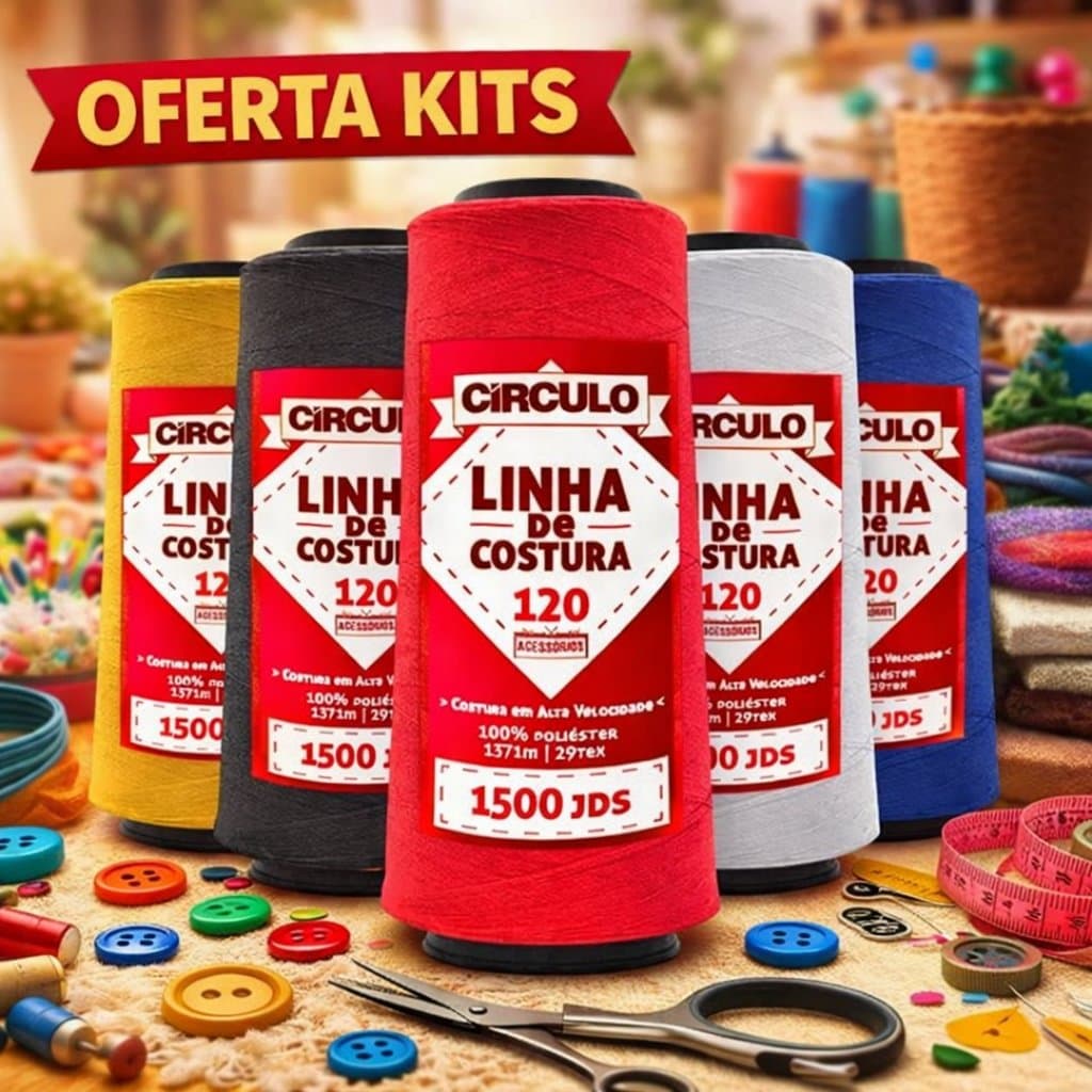 Kit 3 Linha de Costura Círculo 1500 Jardas – 100% Poliéster – Alta Resistência – Cores Sortidas