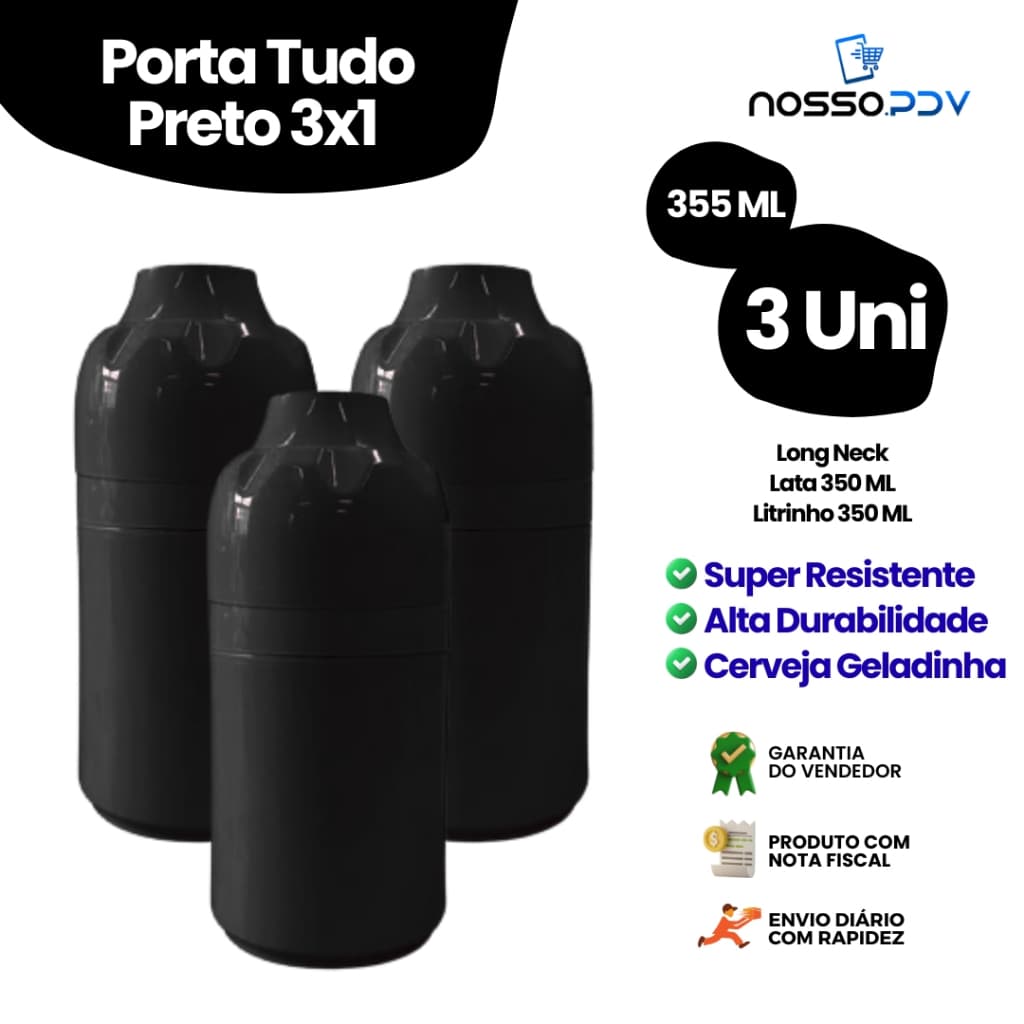 Kit 3 Porta Tudo 3x1 Para Cerveja Long Neck Litrinho Lata 355 ML Cor Preto Parede Dupla Alta Qualidade Envio Rápido