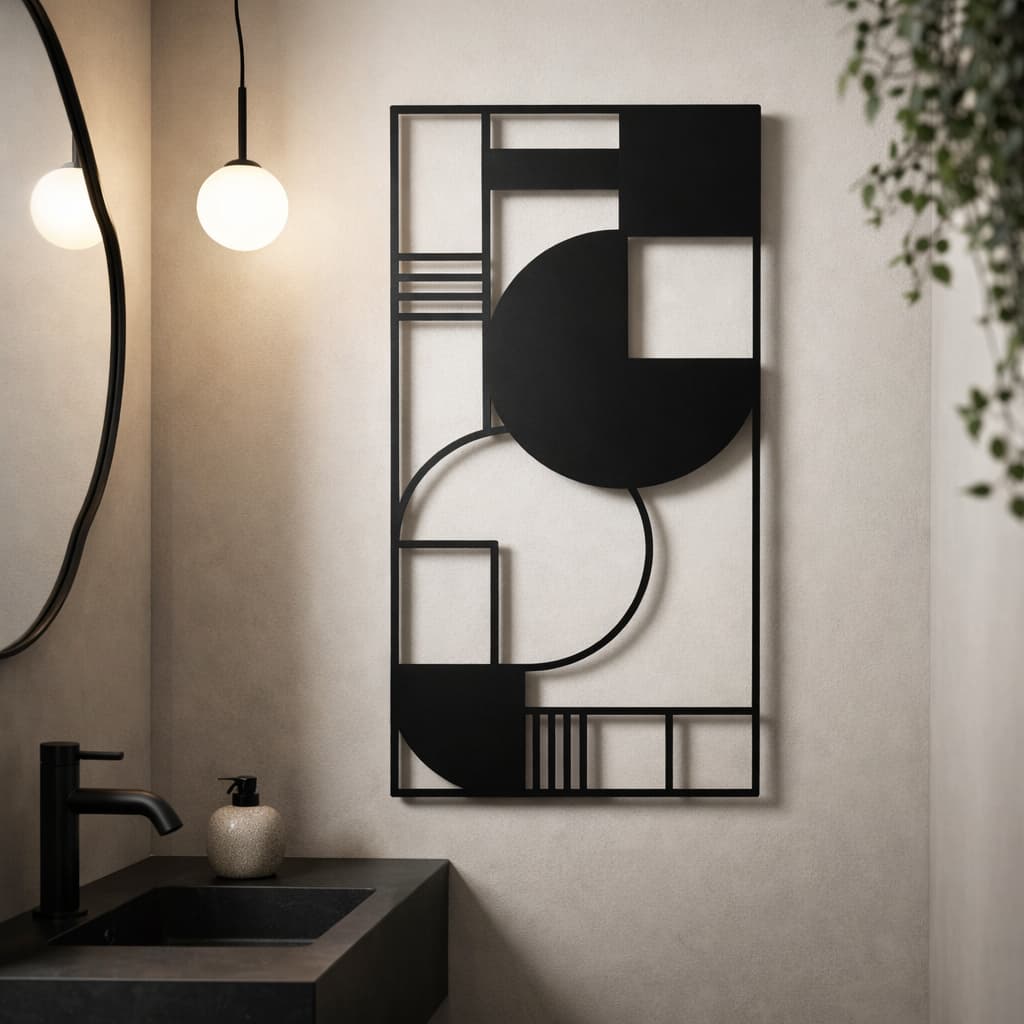 Quadro Geométrico MDF Preto para Sala, Hall e Lavabo Moderno
