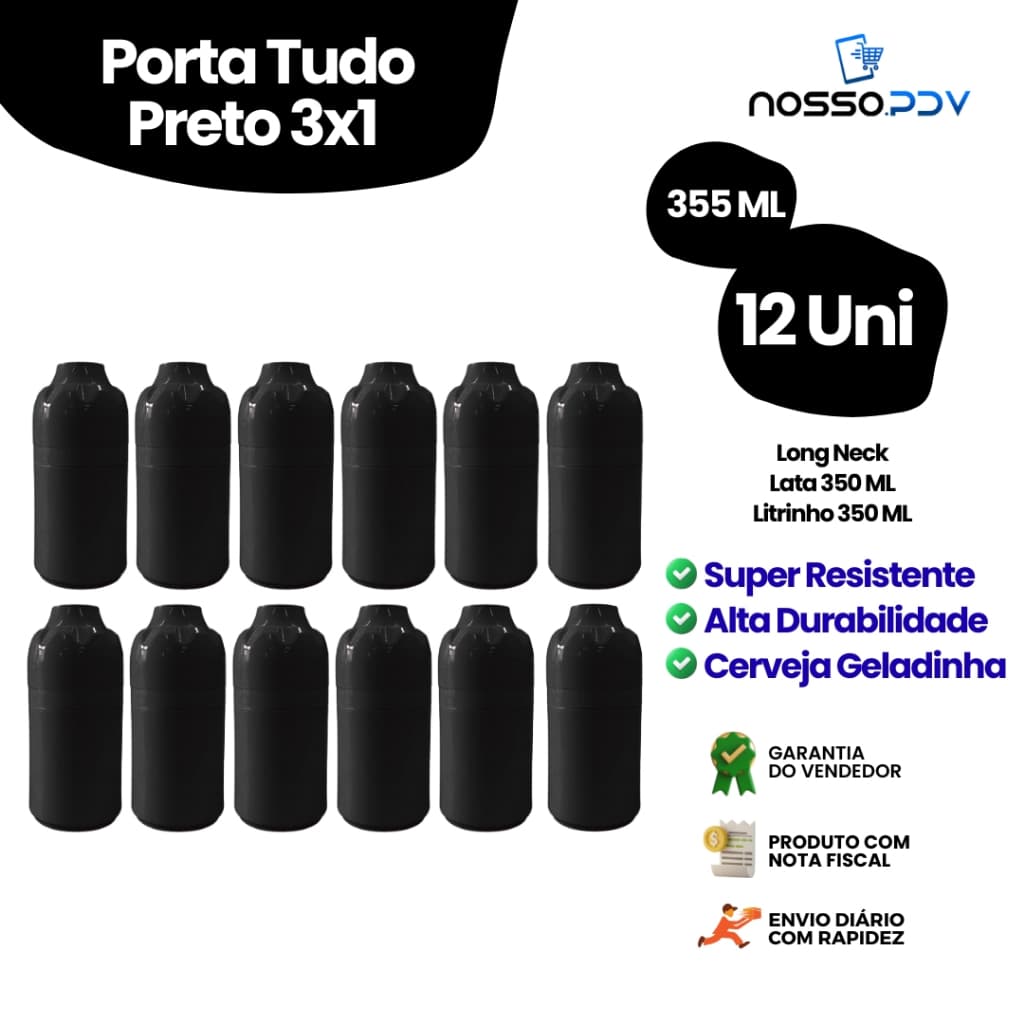 Kit 12 Porta Tudo 3x1 Para Cerveja Long Neck Litrinho Lata 355 ML Cor Preto Parede Dupla Alta Qualidade Envio Rápido