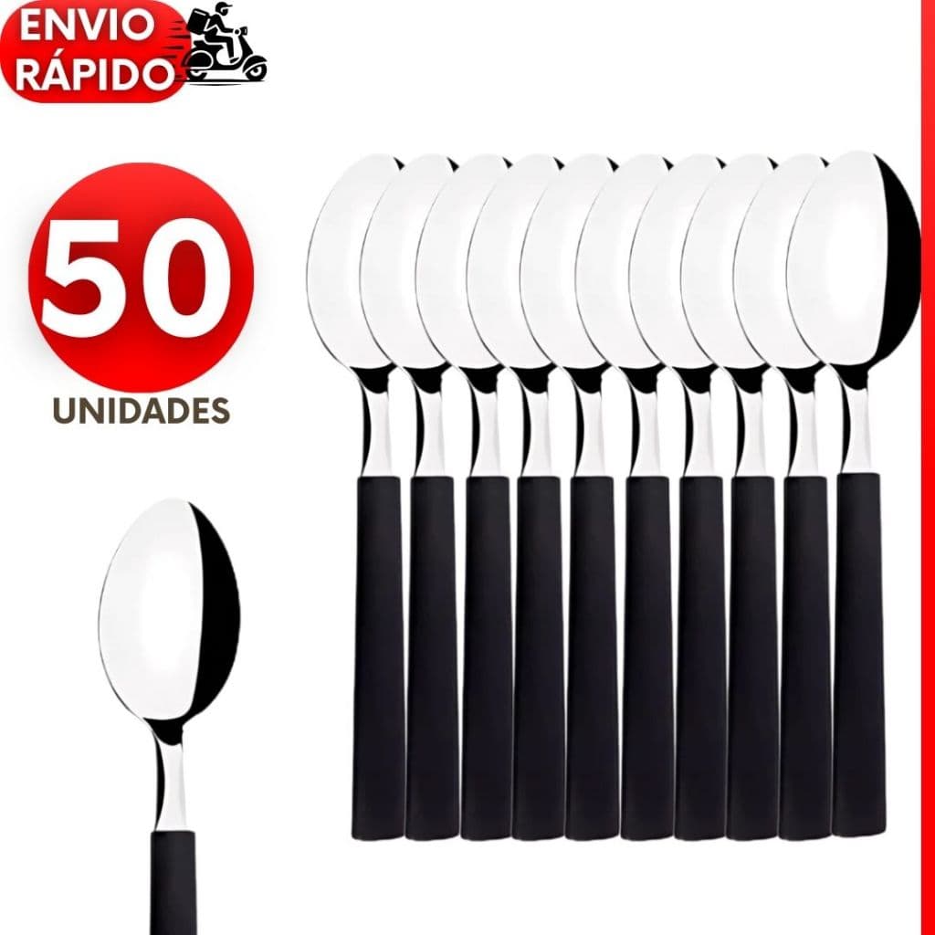 KIT 50 Colheres com Cabo Preto de Inox Para o Dia a Dia