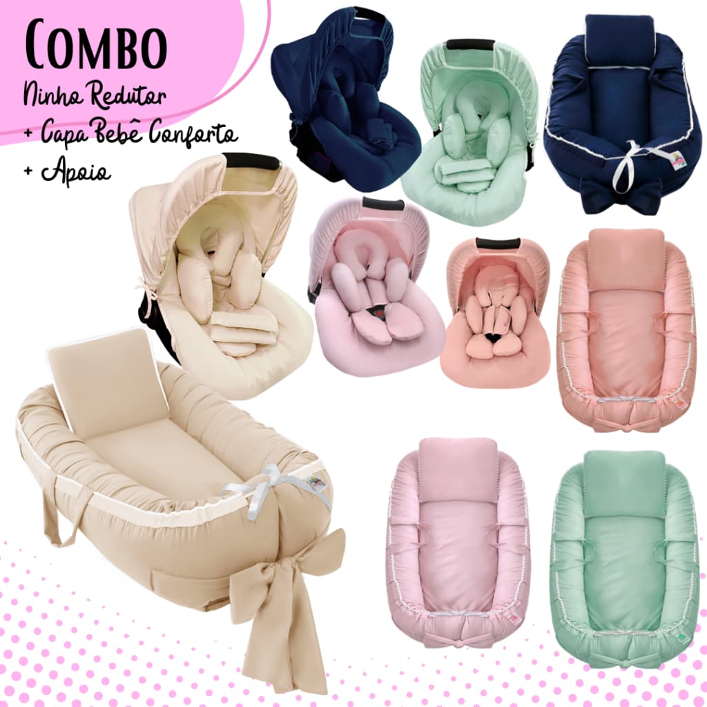 Kit 6 Peças - Ninho Redutor, Capa de Bebe Conforto com Capota Solar, Cinto, Apoio De Corpo