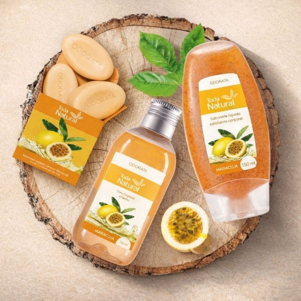 Kit Sabonete Líquido Esfoliante + Óleo Corporal + 3 Sabonete em Barra Maracujá Toda Natural Odorata