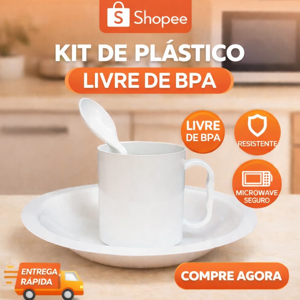 Kit merenda refeição alimentação branco caneca prato colher plastico bpa free curso treinamento poli