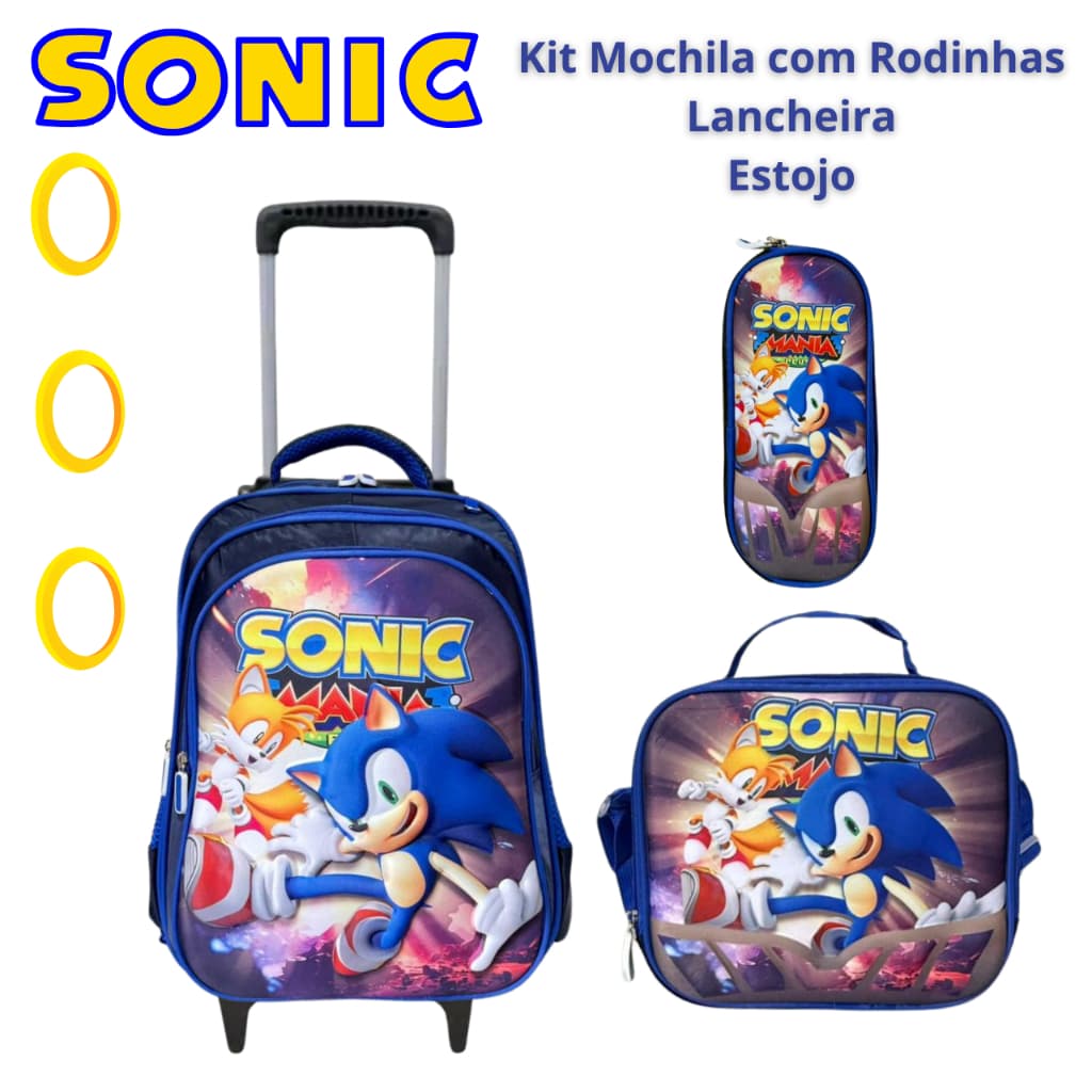 Kit Mochila Escolar Com Rodinhas Infantil Sonic Masculina Menino Bolsa Grande Reforçada + Lancheira + Estojo