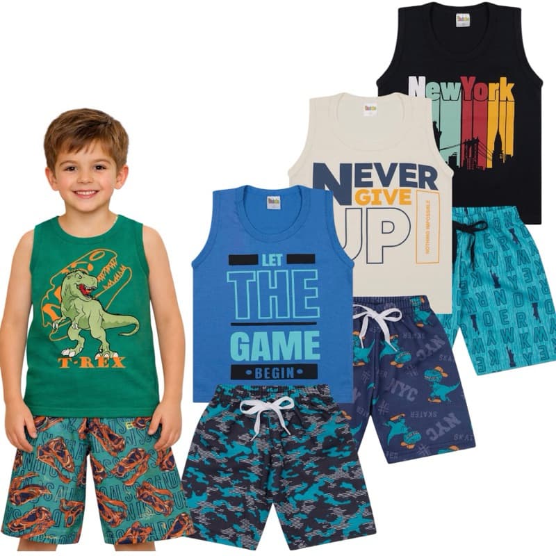 Kit 6 Peças Conjunto Infantil Menino Bebê -3 Regatas e 3 Bermudas Verão - Econômico e Envio Rápido