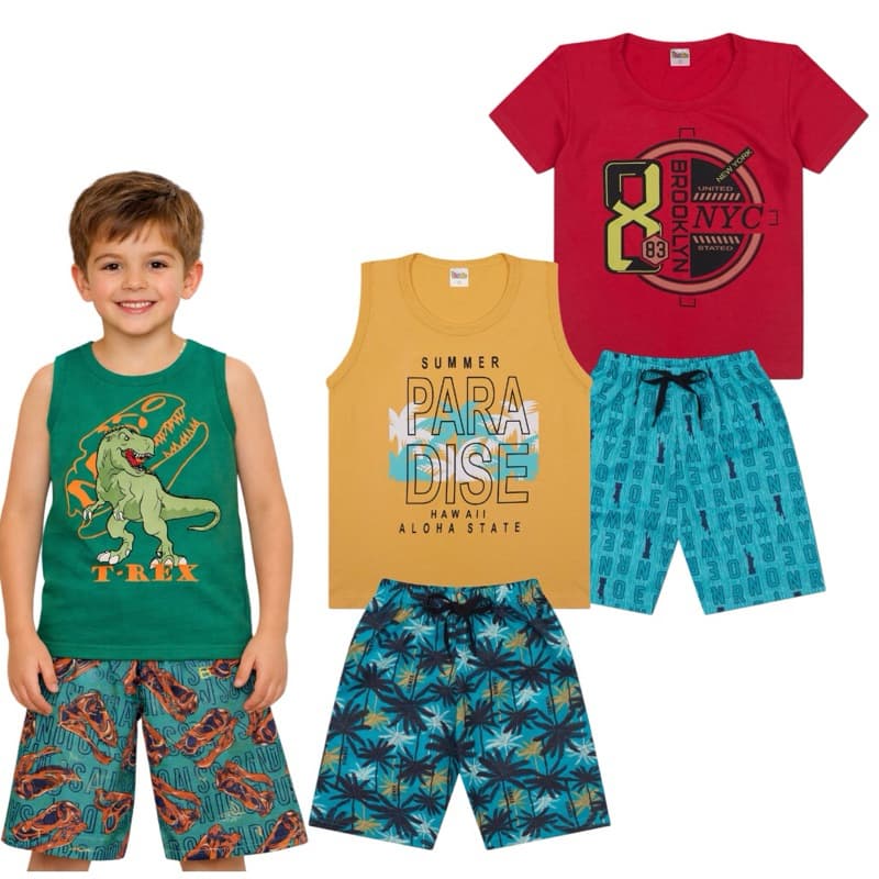 Kit Sortido 4 Peças Roupa De Bebê Menino Infantil Verão - 1 Regata + 1 Camiseta + 2 Bermudas