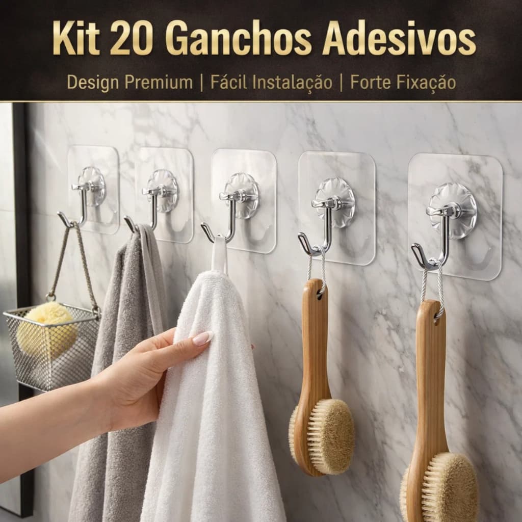 KIT Até 20 Kit Ganchos Adesivos Transparentes Multiuso Doméstico – Suporte Forte para Parede, Cozinha e Banheiro Casa ar