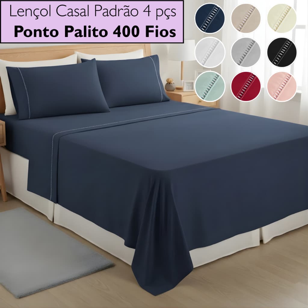Jogo De Lençol Casal Padrão 4 Peças 400 Fios Toque de Seda Detalhe Ponto Palito Lençol de Cima