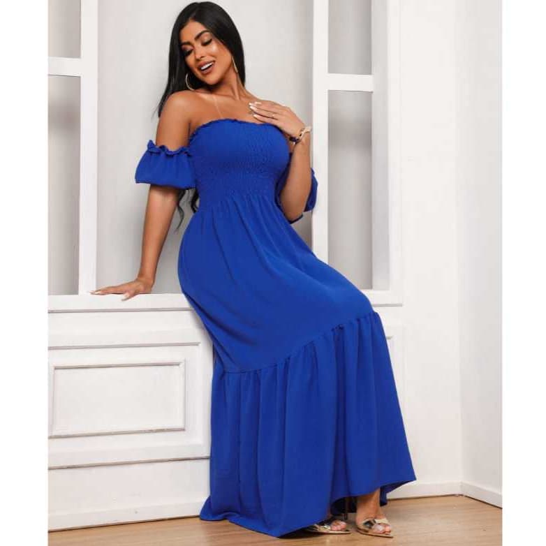 Vestido Azul Royal Manga Ciganinha Babado Midi Fenda Soltinho Moda evangelica Casual Longo