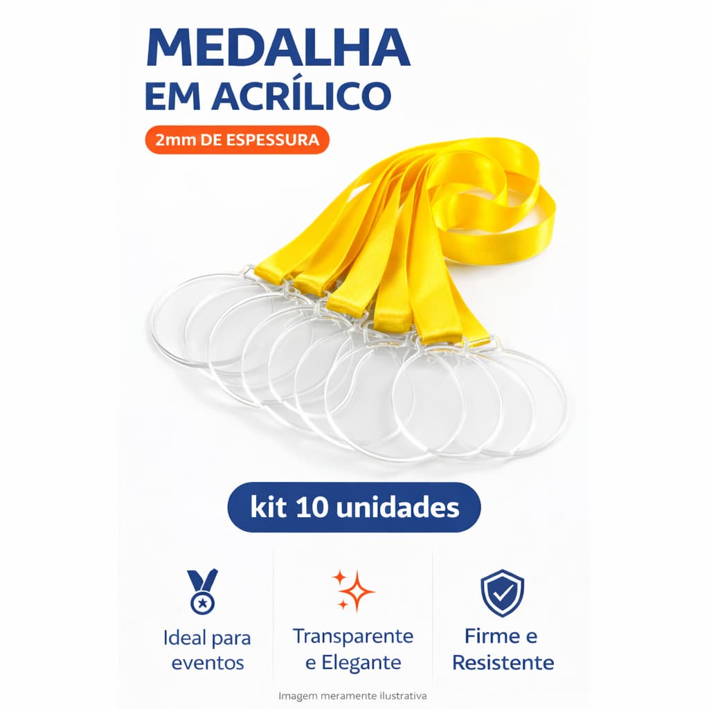 kit 10 Medalhas transparentes acrilico com cordão - kit 10 unds