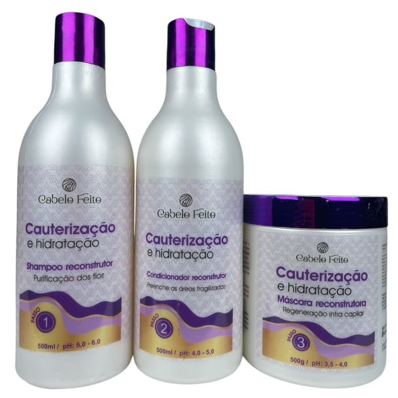 Kit Capilar Cauterização e Hidratação Para Cabelos Fragilizados 3 Passos Cabelo Feito