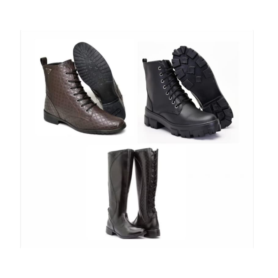 Bota cano alto feminina marrom+ bota cano médio feminina marrom+ bota tratorada feminina preta