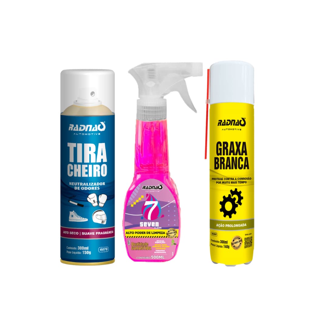 Kit Radnaq Limpeza e Manutenção: Tira Cheiro, Seven Clean, Graxa Branca