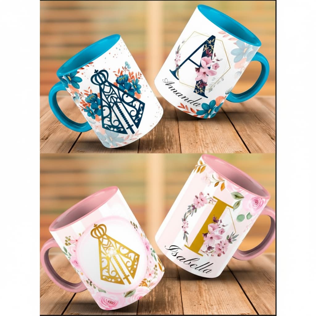 Caneca Personalizada Nossa Senhora Aparecida com Sua Inicial e Nome de Porcelana Fé PRESENTE DE PÁSCOA