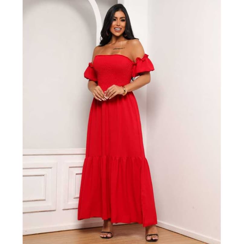 Vestido Vermelho Manga Ciganinha Liso Fenda Rodado Moda Cristã Casual Feminino Elegante