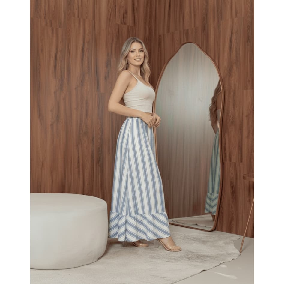 Saia Longa Listrada Feminina Linho Leve e Confortável Moda Casual