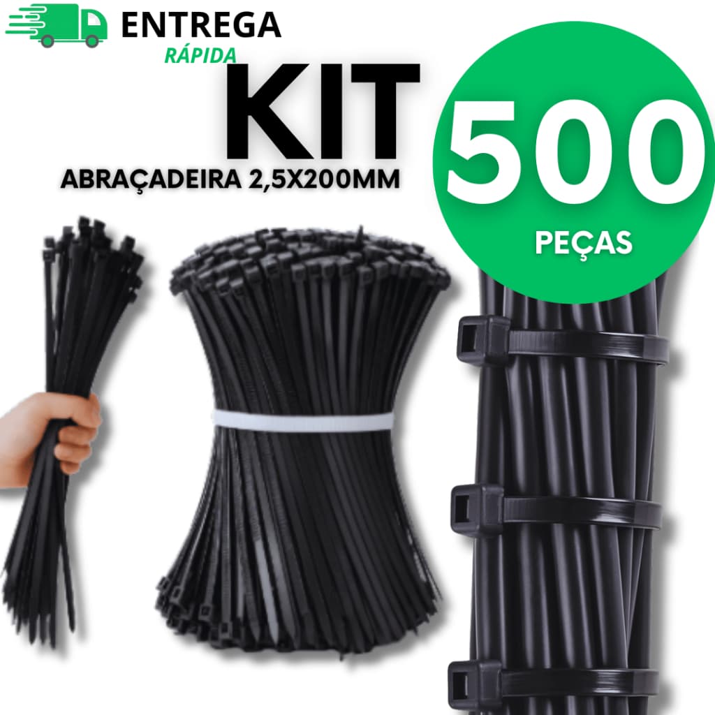 Conjunto 500 Peças Abraçadeiras Nylon Cintas Plásticas Enforca Gato 2,5x200mm Variáveis Utilidades Multiuso