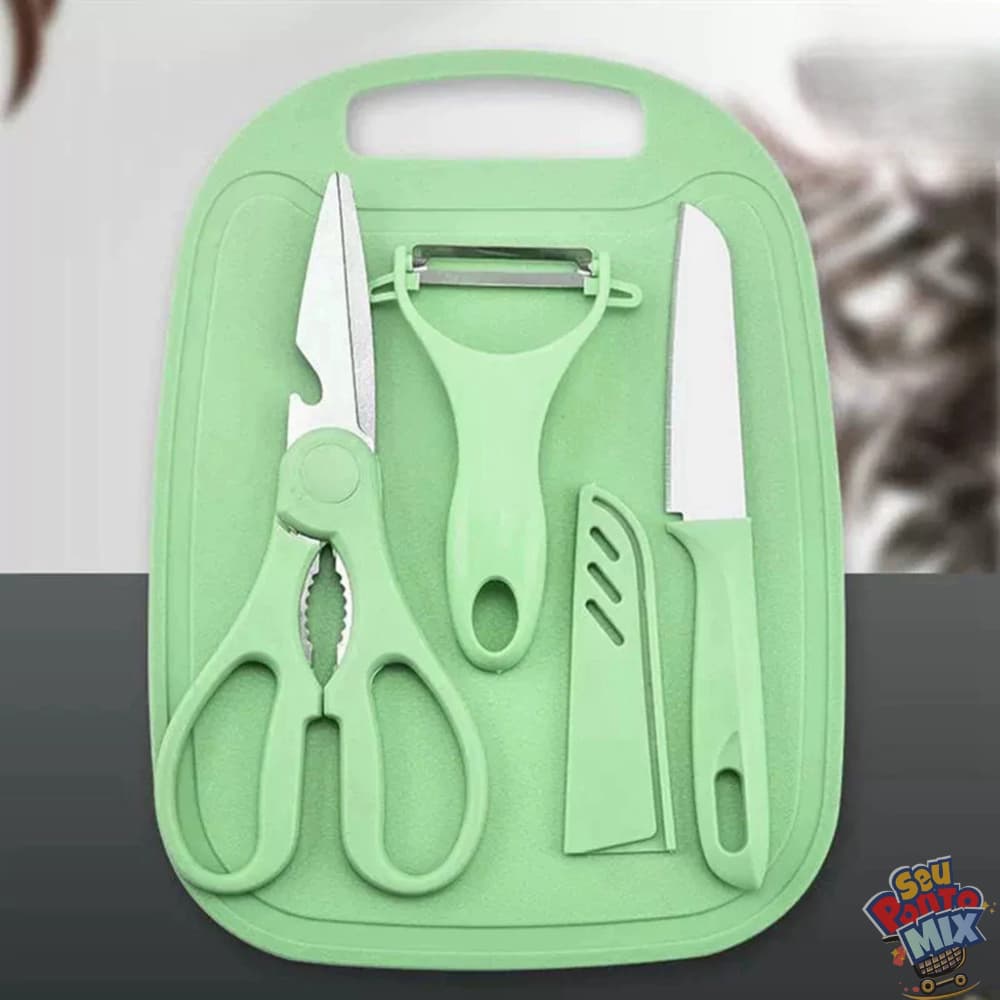 Kit Utensílios de Cozinha Inox 4 Peças – Faca, Tesoura, Descascador e Tábua Culinária
