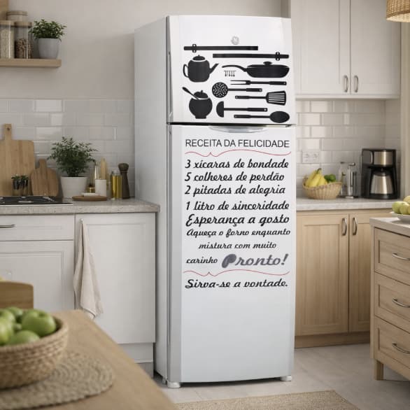 Adesivo Receita da Felicidade Decorativo para Geladeira Móveis Paredes