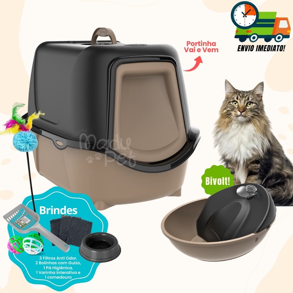 Kit Gato Caixa de Areia Fechada Para Gatos + Fonte Bebedouro Purificador de Água Bivolt