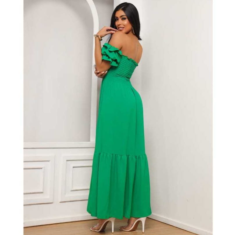 Vestido Liso Verde Moda Evangelico Critã Casual Soltinho Babado Fenda Feminino Rodado