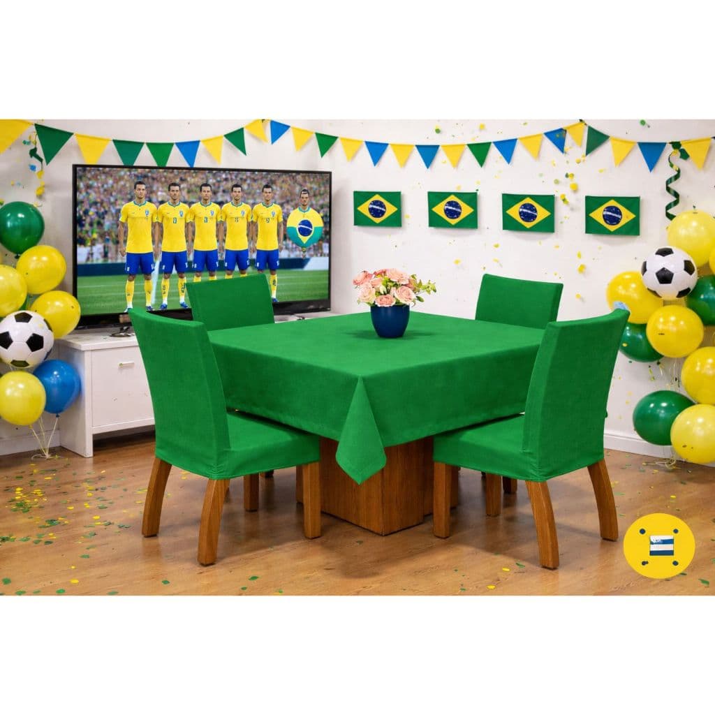 Kit 4 Capas De Cadeira + 1 Toalha De Mesa 4 Lugares Copa do Mundo Verde e Amarelo Brasil Decoração