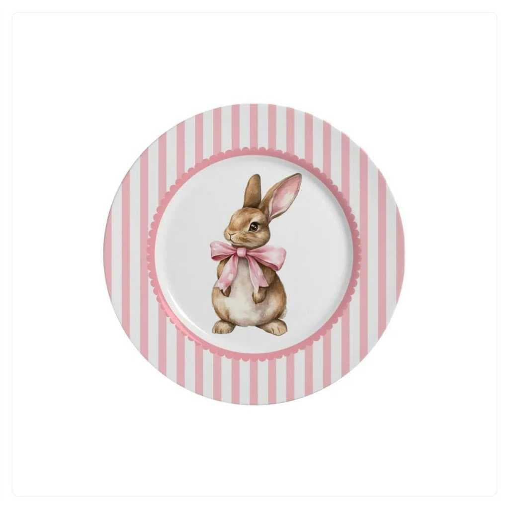 Kit 2 Pratos Decorativos Páscoa Coelho Rosa Mesa Posta
