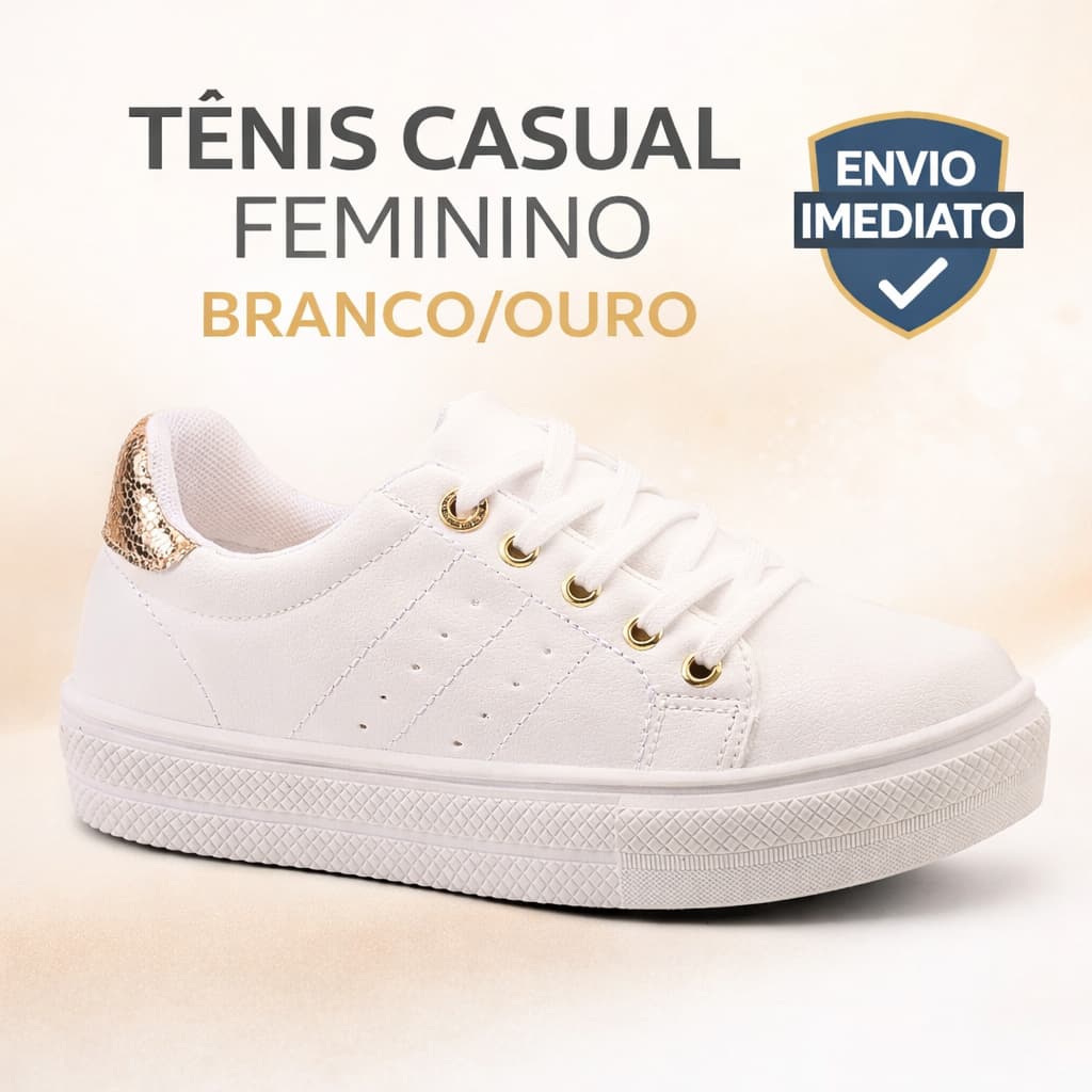 Tênis Feminino Branco com Detalhes Ouro Casual Plataforma Confortável Moda Urbana Leve Ideal