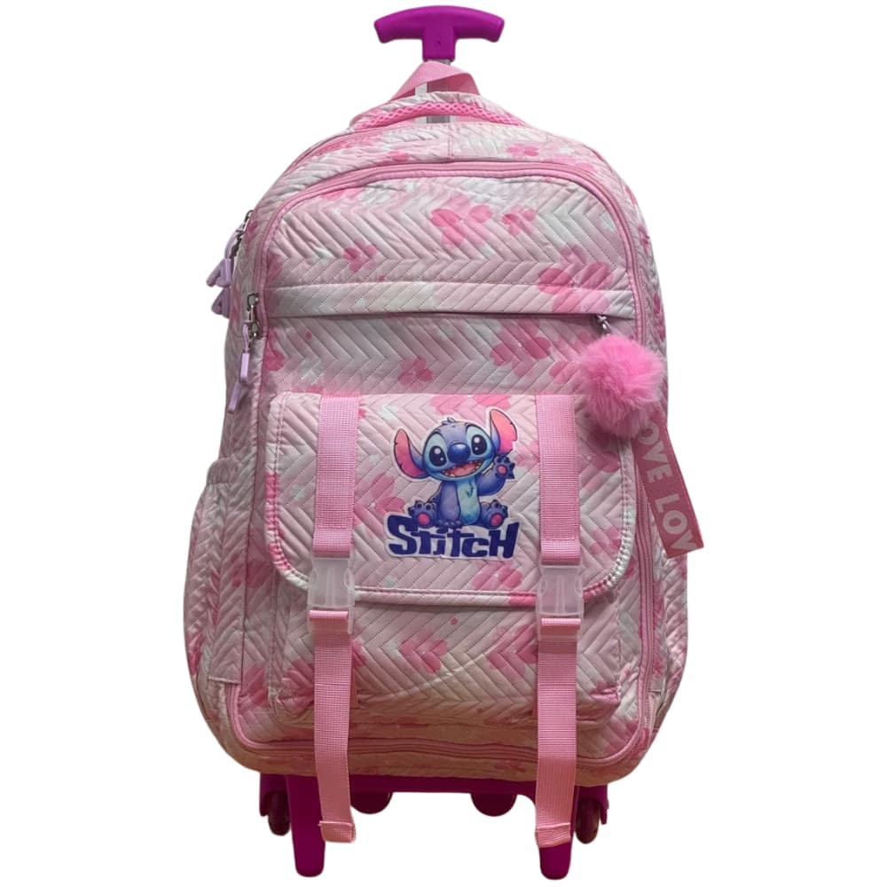Mochila Escolar Infantil com Rodinhas Stitch  Abre180 Graus, Compartimento para notebook e chaveiro