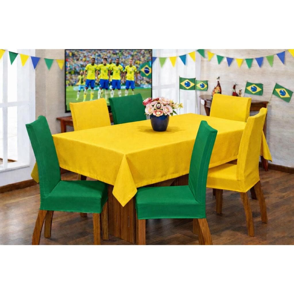 Kit 6 Capa De Cadeira Copa Do Mundo + 1 Toalha De Mesa 6 Lugares 2,15/1,50 Verde e Amarelo Decoração