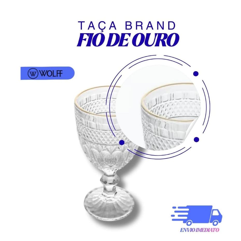 Taças de Água, Suco, Vinho, Brand 320ml em Vidro com Fio de Ouro Mesa Posta–Wolff