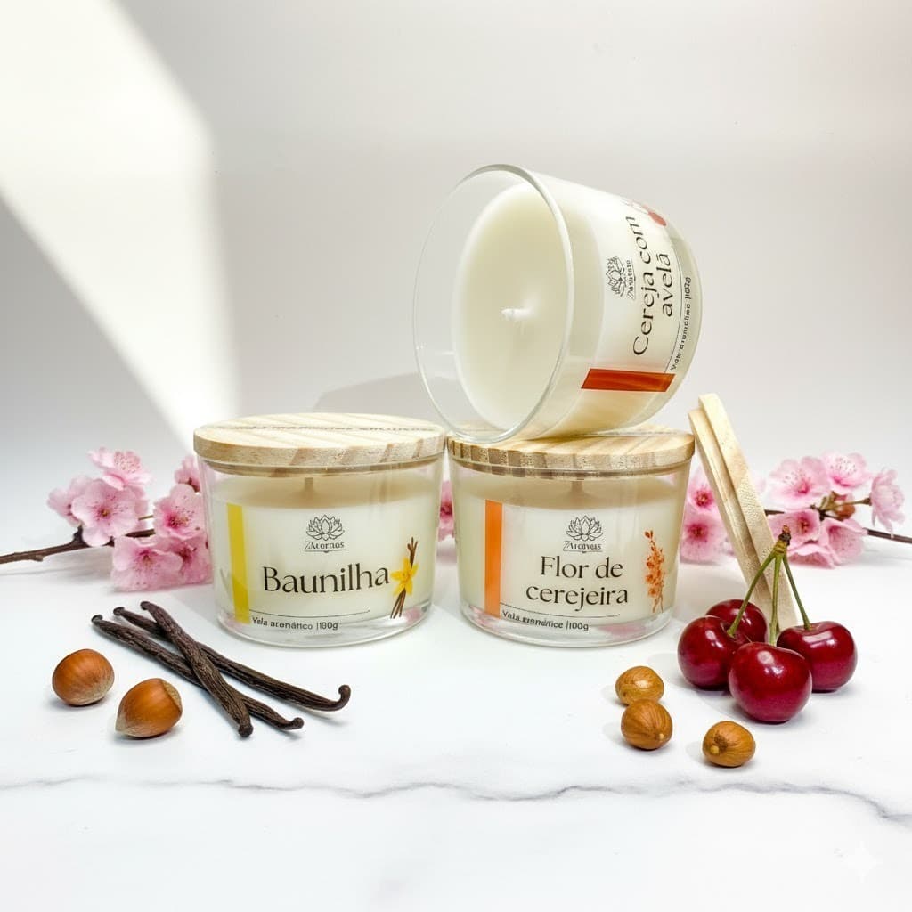 Vela Aromática Artesanal 100g com Essência Premium – Cereja & Avelã, Flor de Cerejeira e Brisa do Mar
