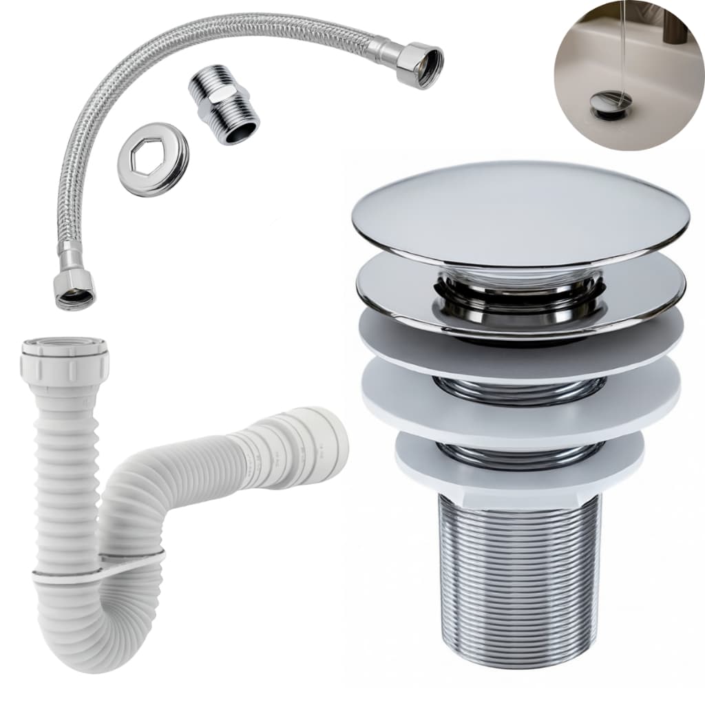 Kit Banheiro  Valvula Ralo Click 7/8+ Engate Flexível 40cm+ Sifão Sanfonado 72cm Cromado