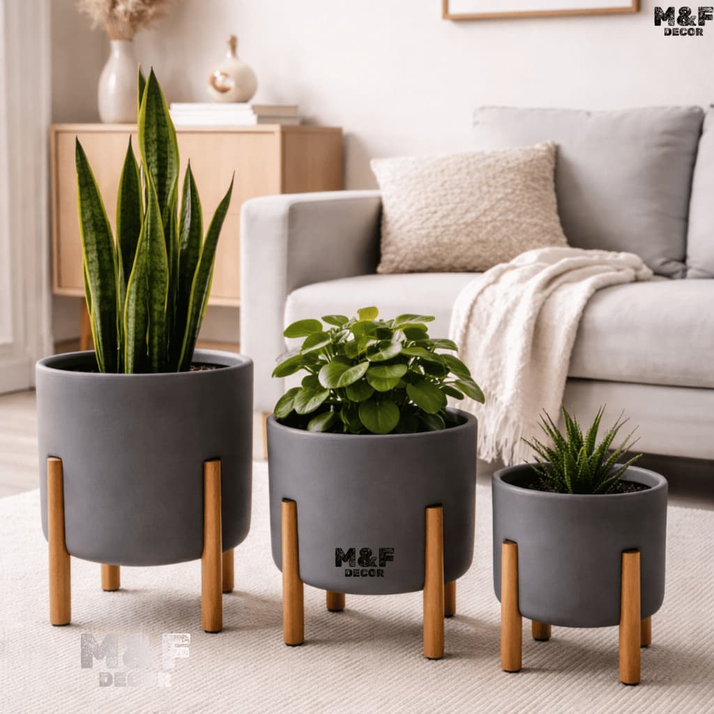 kit vaso para planta decorativo com suporte de madeira