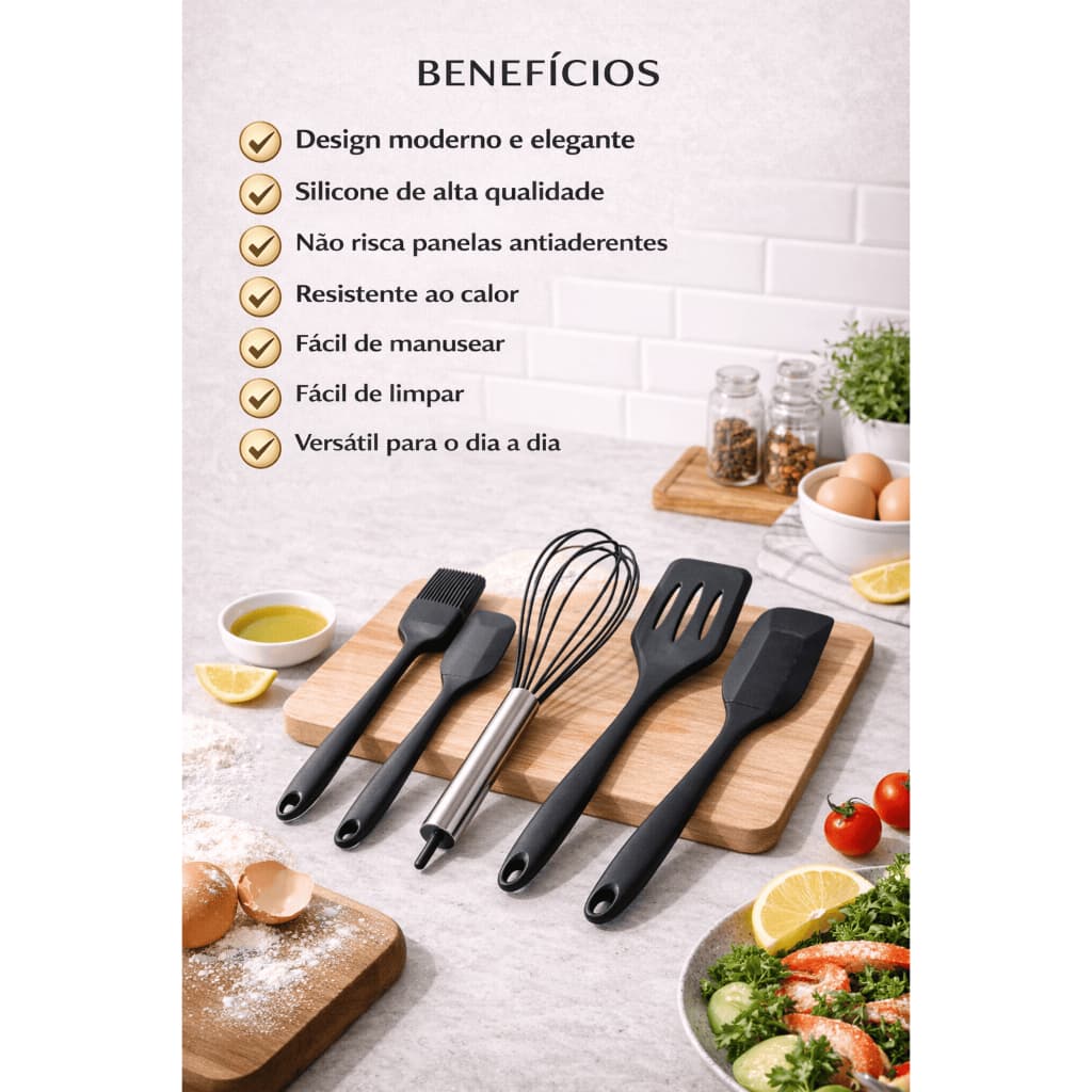 Kit Utensílios de Cozinha em Silicone – Conjunto Completo 5 Peças Antideslizante e Resistente ao Calor